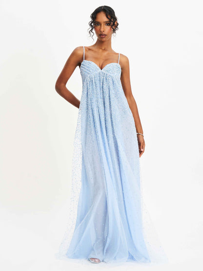 Wallie Baby Blue Rhinestone Embellished Mesh Backless Gown