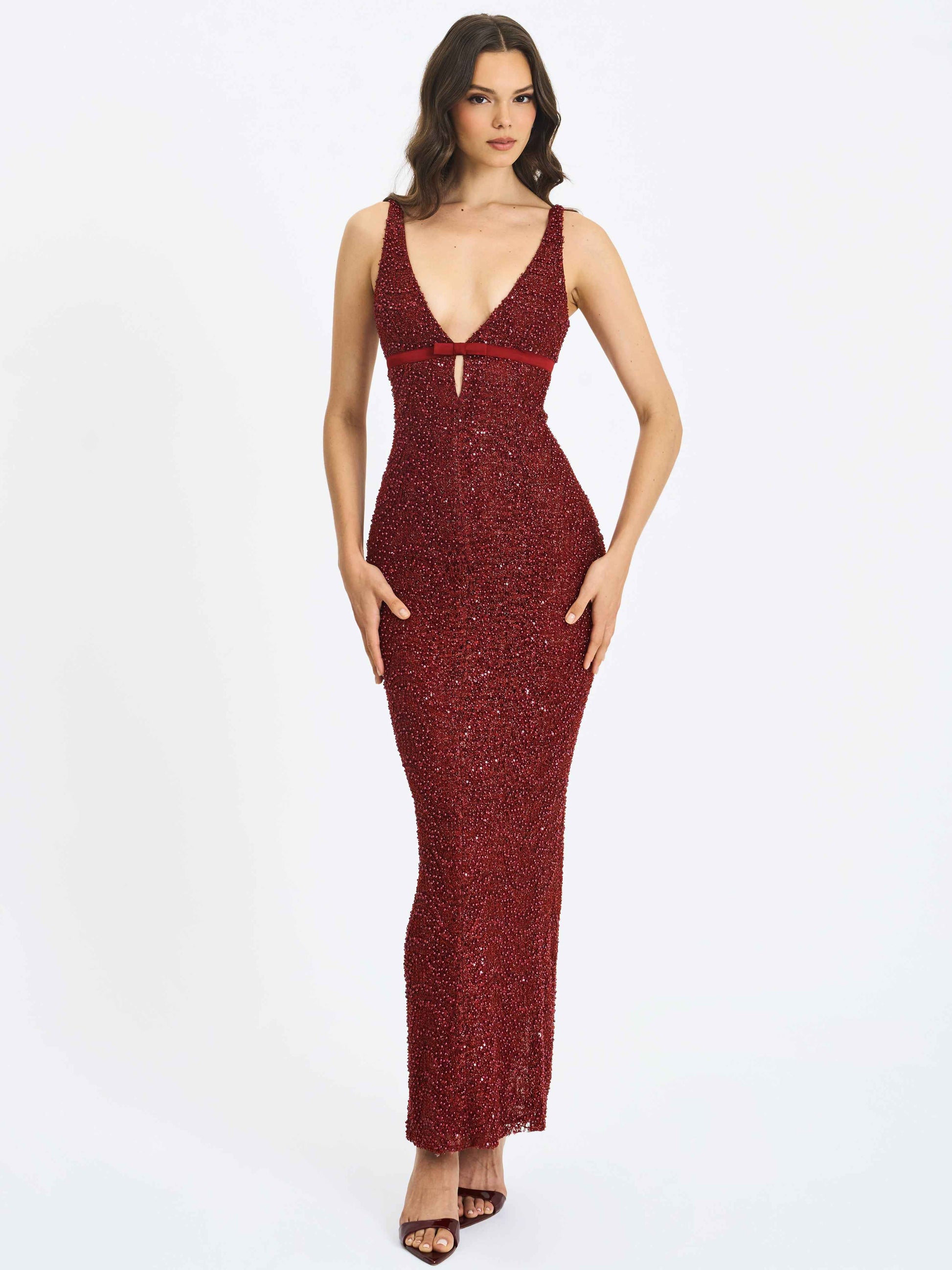 Elora Crimson Sequin Beaded Keyhole Maxi Dress