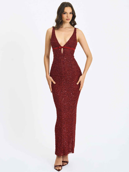 Elora Crimson Sequin Beaded Keyhole Maxi Dress