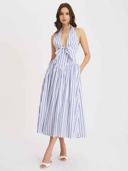 Mackenna Navy Stripe Halter Smock Back Maxi Dress