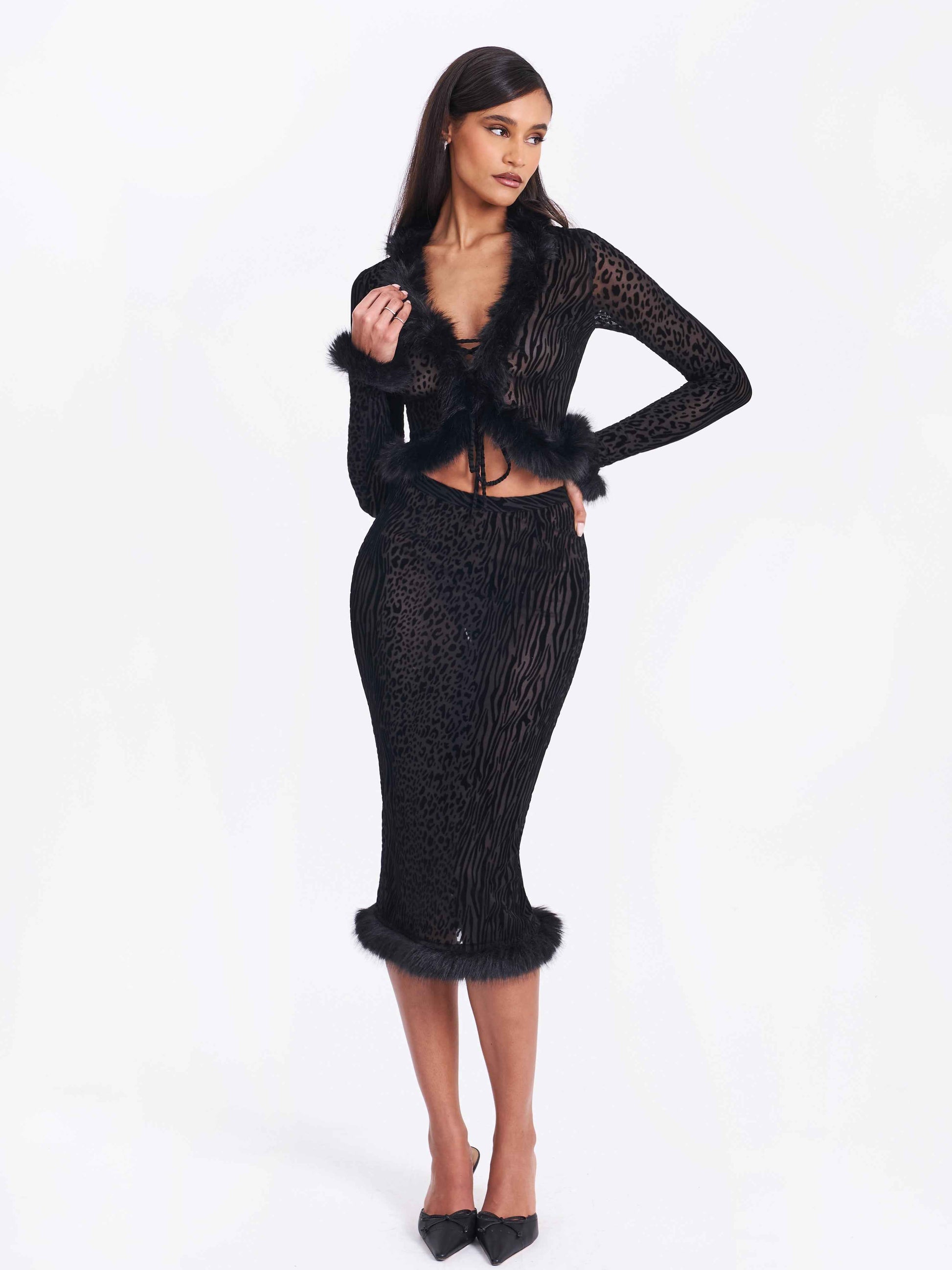 Halia Black Animal Print Burnout Velvet Fur Trim Skirt