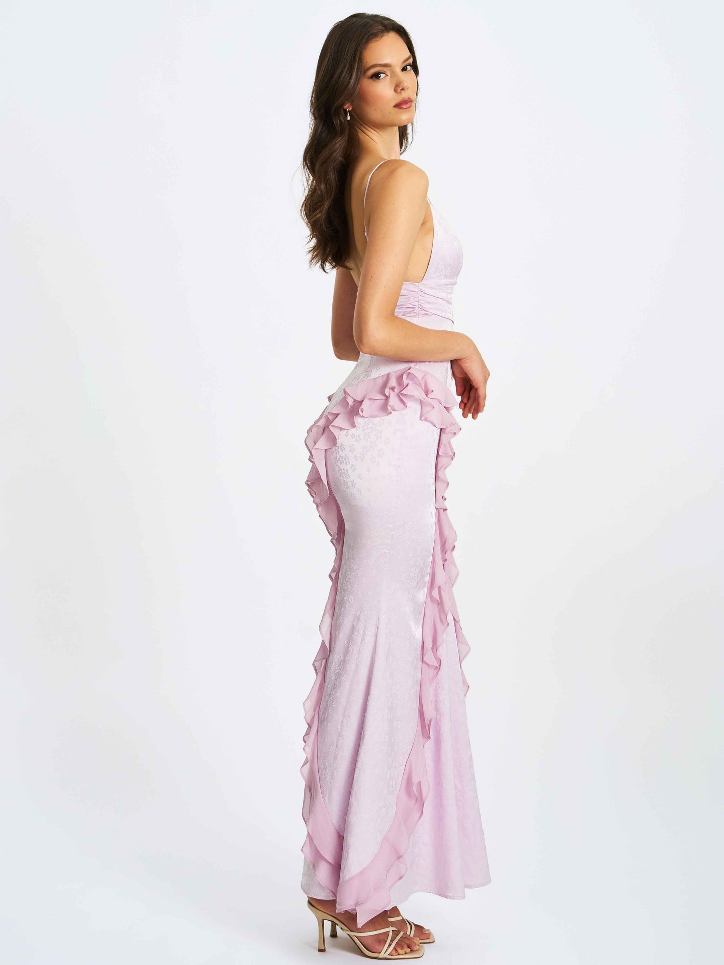 Paolina Taro Pink Jacquard Ruffle Mermaid Maxi Dress