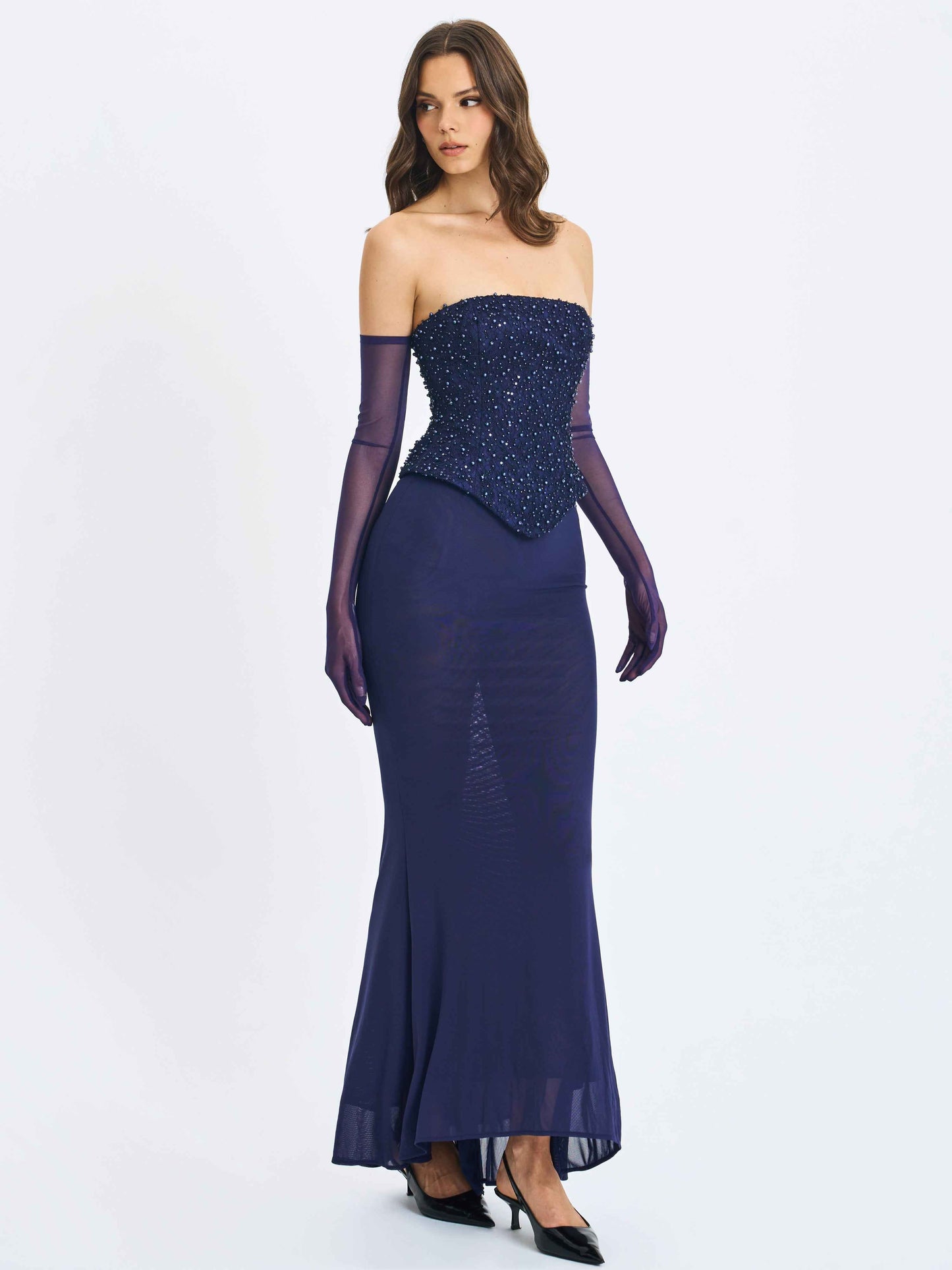 Orabelle Navy Beaded Peplum Mermaid Maxi Gown with Lace-up Back