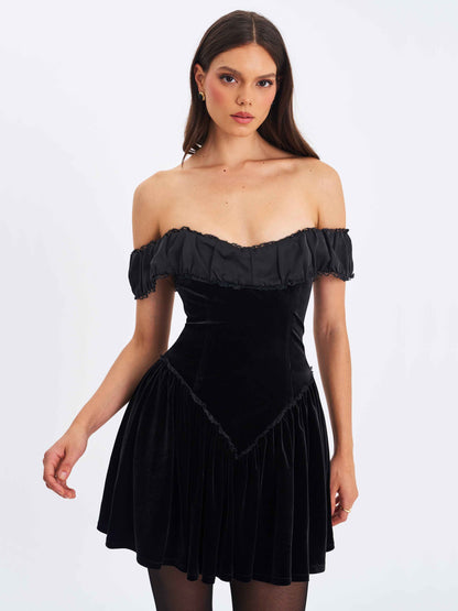 Daisha Black Lace Trimmed Off-Shoulder Ruched Mini Dress