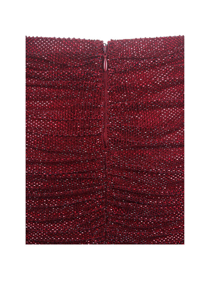 Darleen Crimson Rhinestone Mesh Low Waist Ruched Skirt