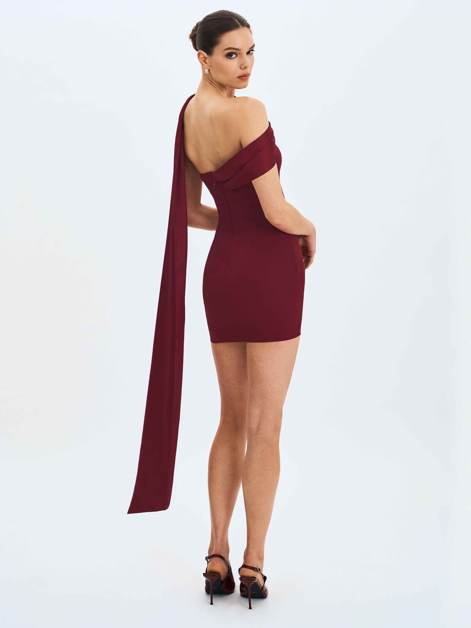 Ovelia Crimson Satin Ribbon Strapless Mini Dress