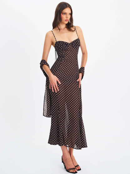 Yadira Brown Base Polka Dot Chiffon Maxi Dress