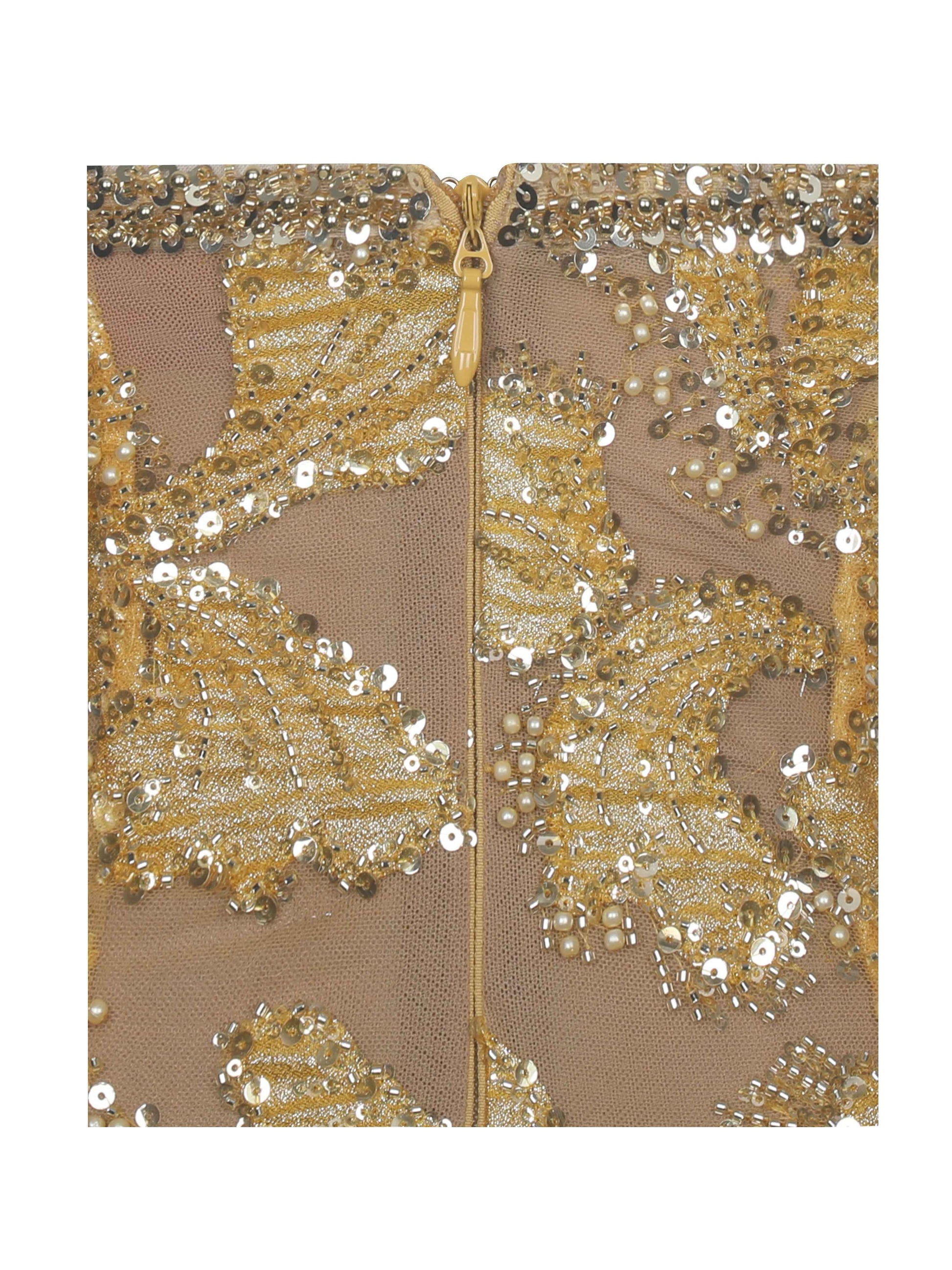 Edie Gold Beaded Sequin Midi Pencil Dress