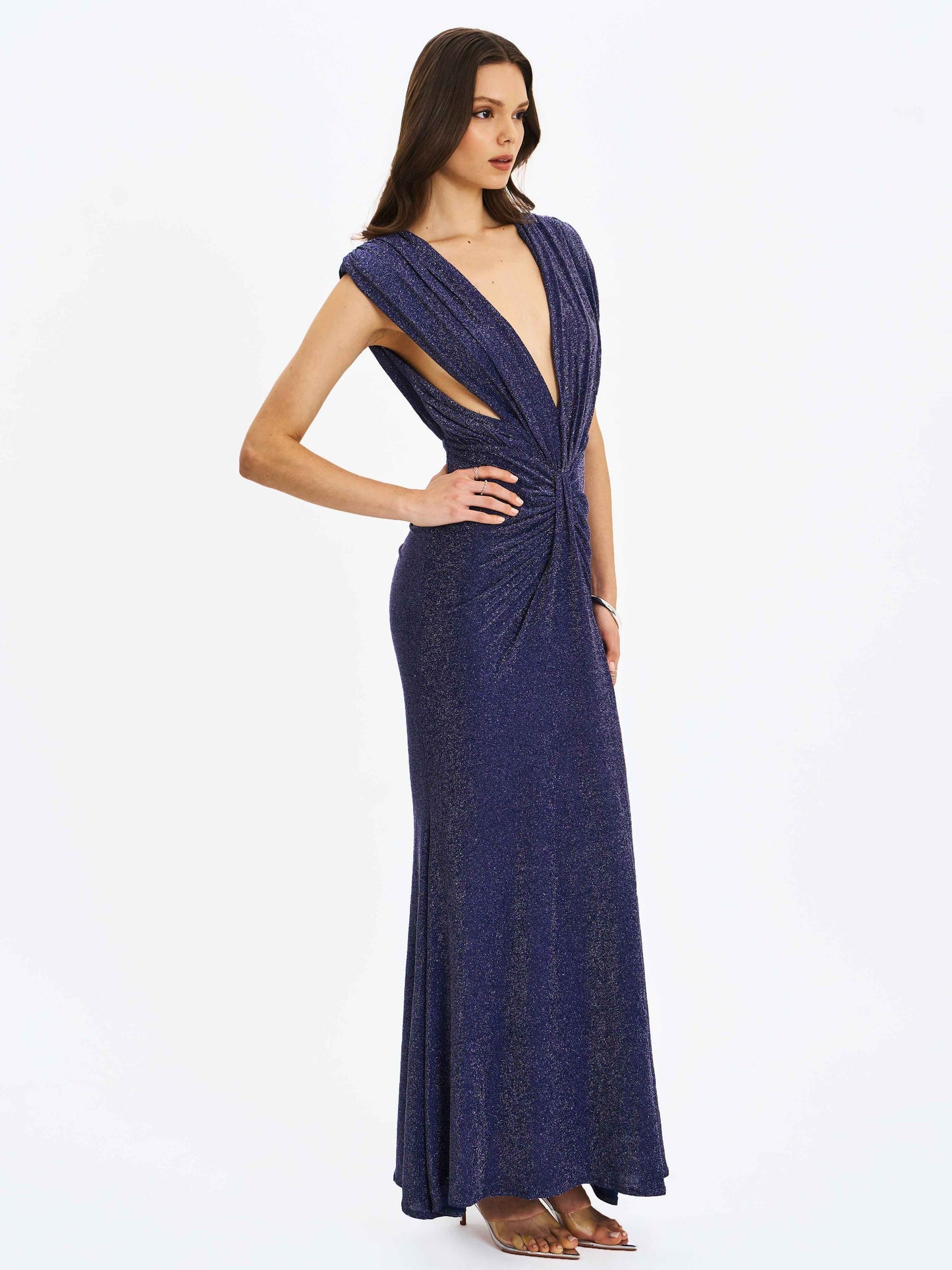 Terri Navy Sparkle Plunging Backless Maxi Dress