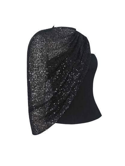 Quinette Black Peplum Top with Beaded Asymmetrical Cape