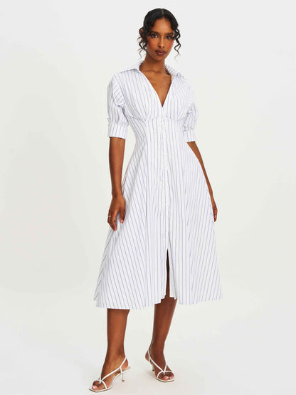 Palina Pinstripes Cotton Poplin Pleated Midi Preppy Shirt Dress