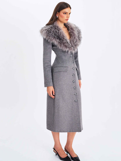 Faye Grey Wool Blend Single-Breasted Coat with Removable Faux Fur Collar