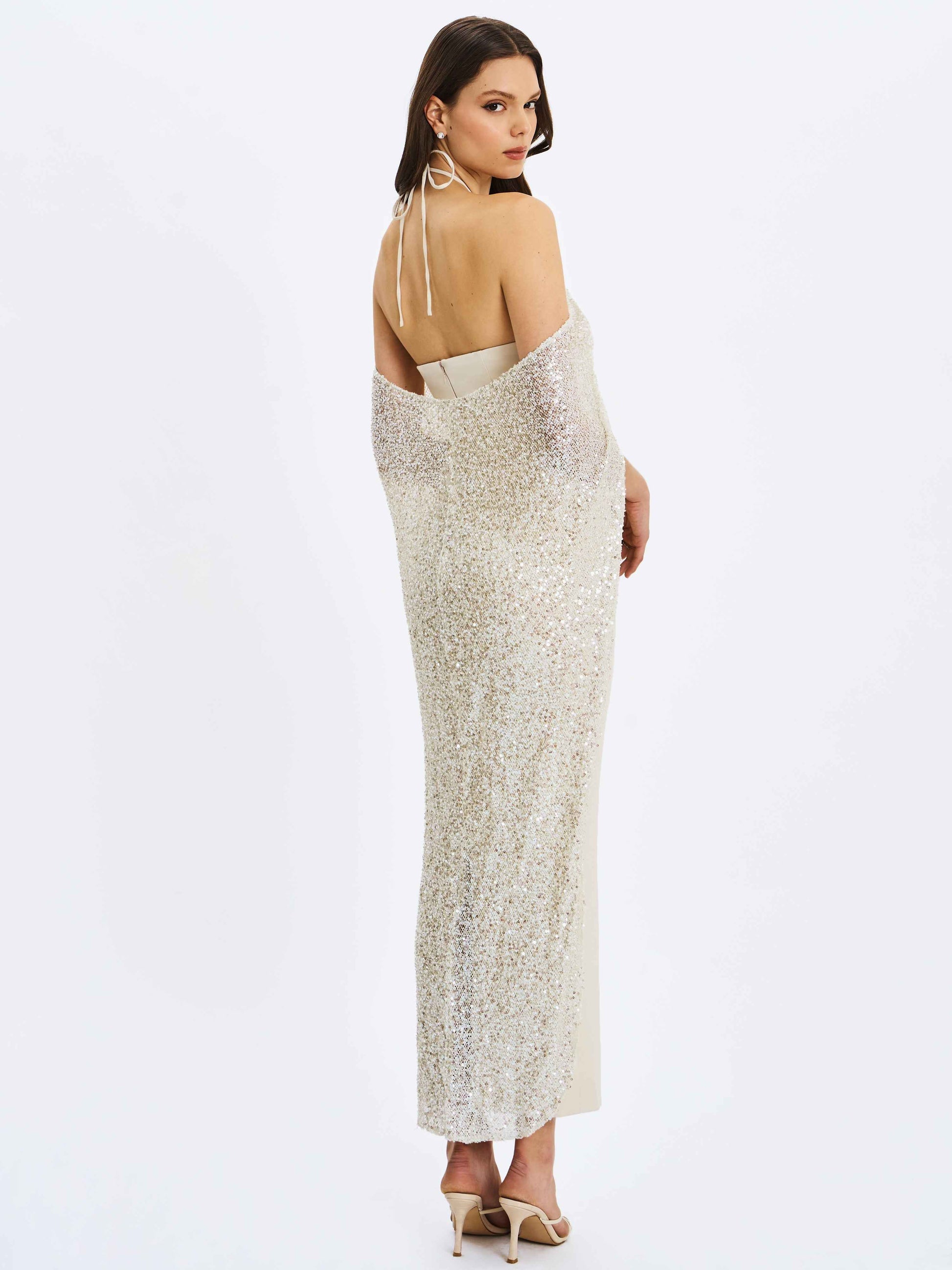 Quimera Almond Beaded Cape Halter Off-Shoulder Maxi Gown