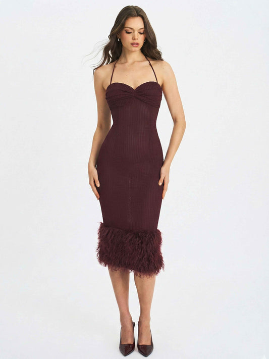 Pluma Maroon Halter Faux-Fur Trimmed Midi Dress