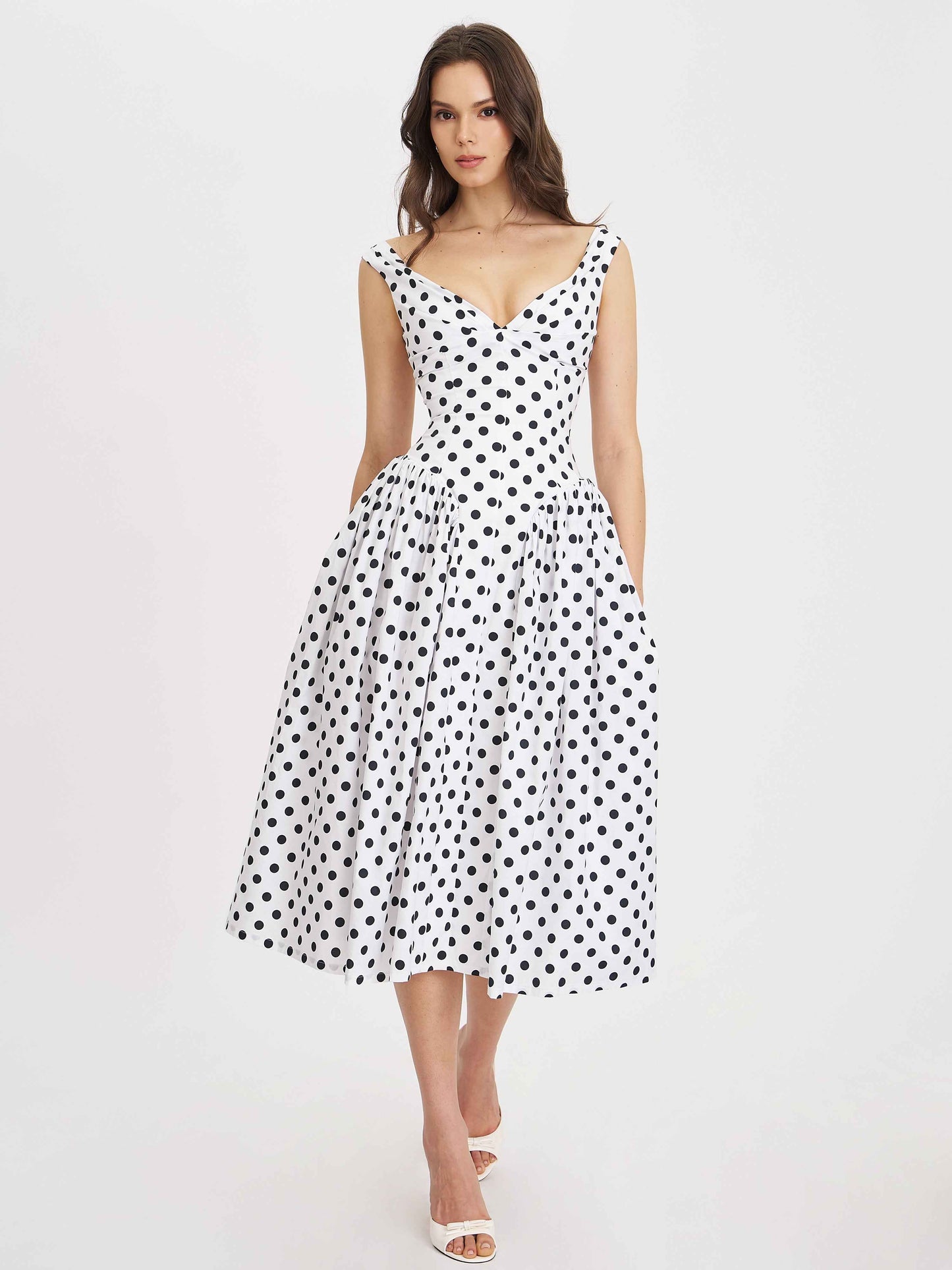 Rahma Polka Dot Drop Waist Midi Cotton Poplin Dress