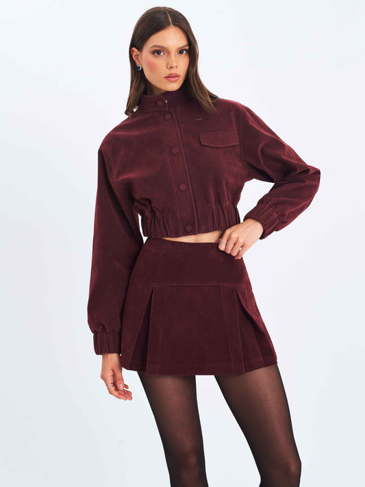 Farryn Mahogany Vegan Suede Cropped Bomber Jacket