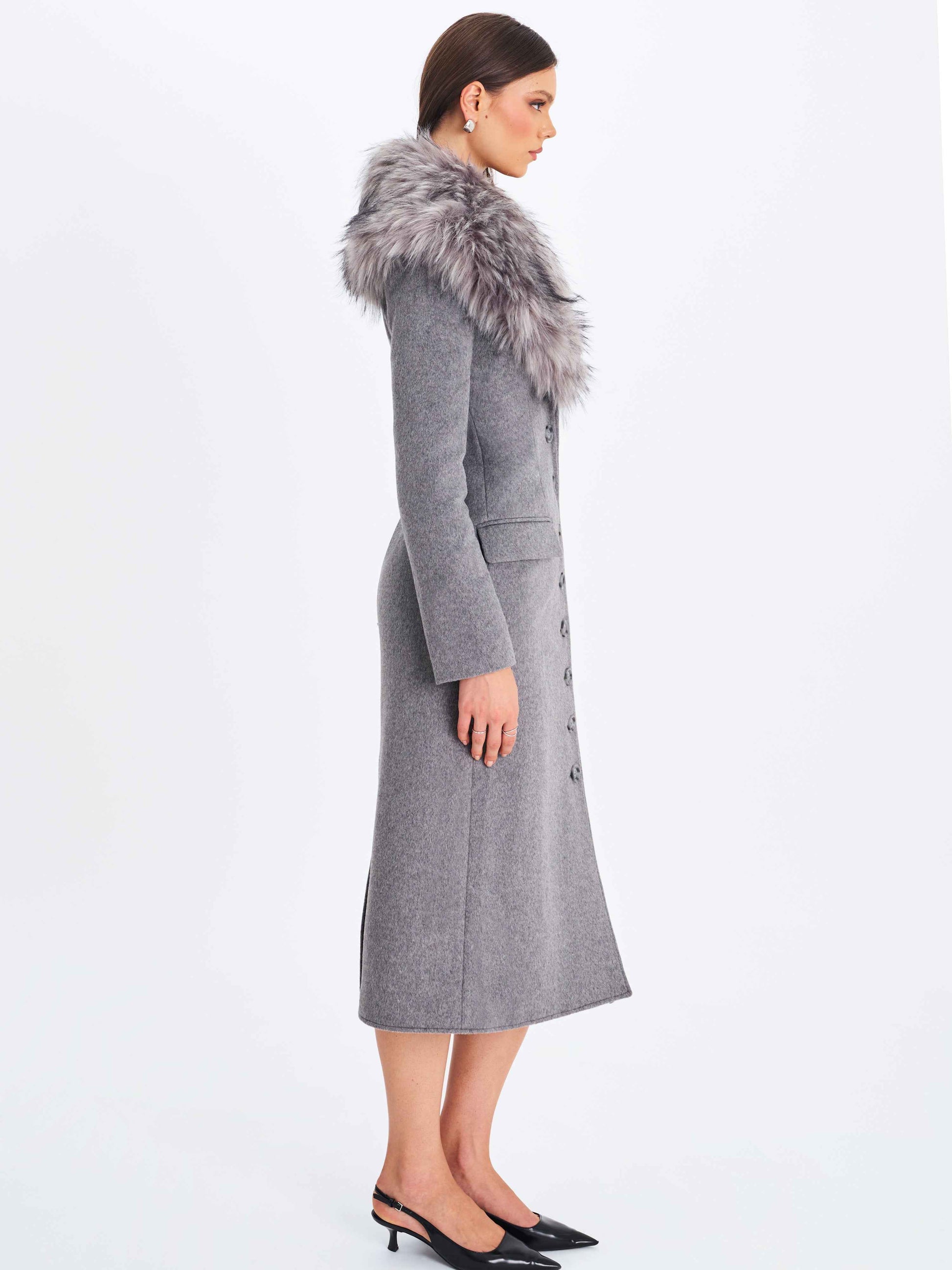 Faye Grey Wool Blend Single-Breasted Coat with Removable Faux Fur Collar