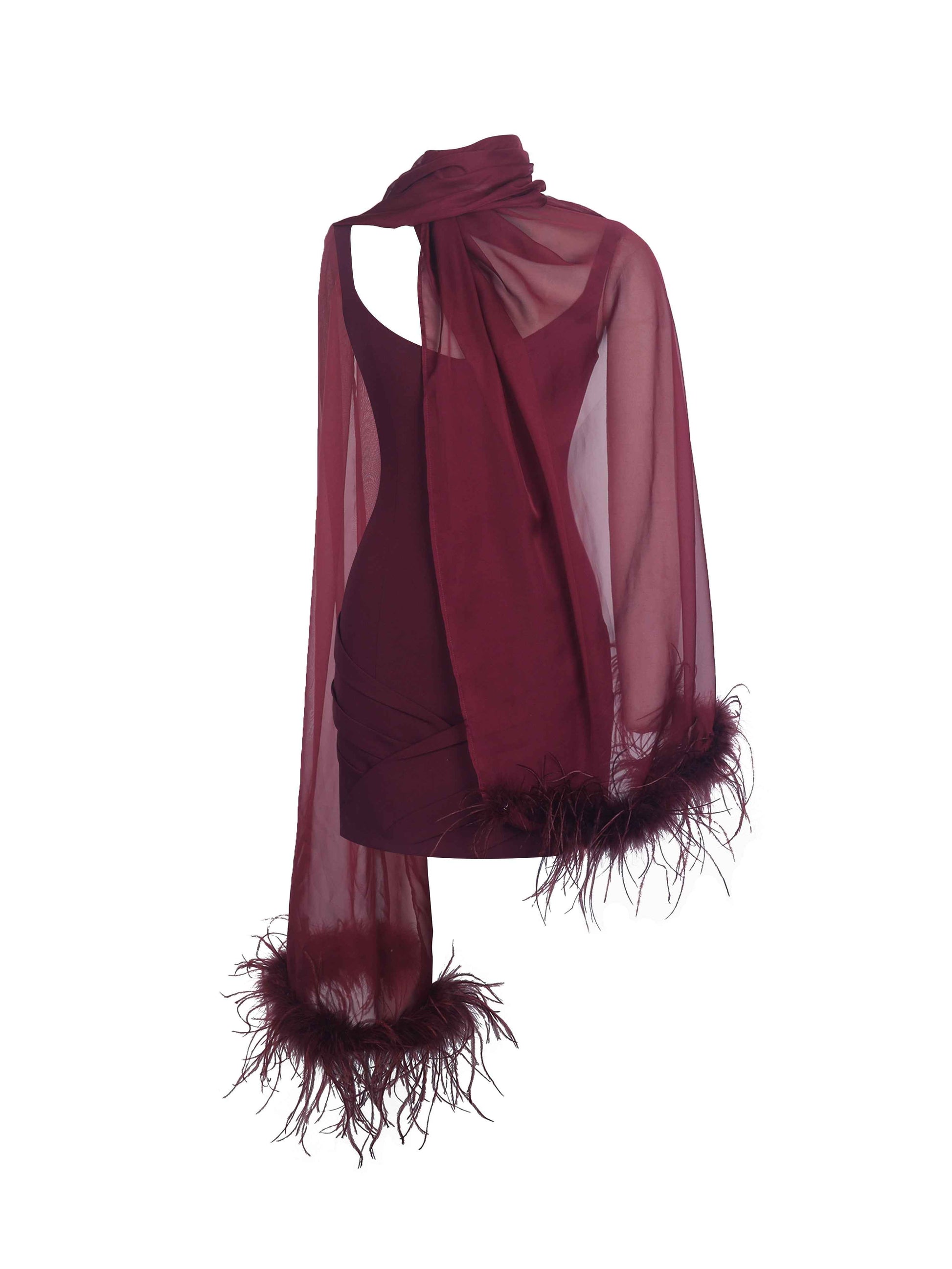 Tori Wine Red Pleated Mini Dress with Chiffon Scarf