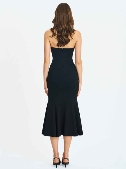 Saige Black Mermaid Midi Dress with Ivory Bow Bustline