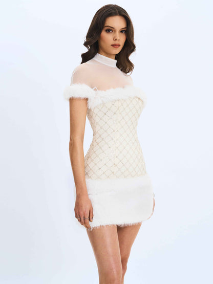 Taylor Ivory Fur Trimmed Beaded Bouclé Mini Dress