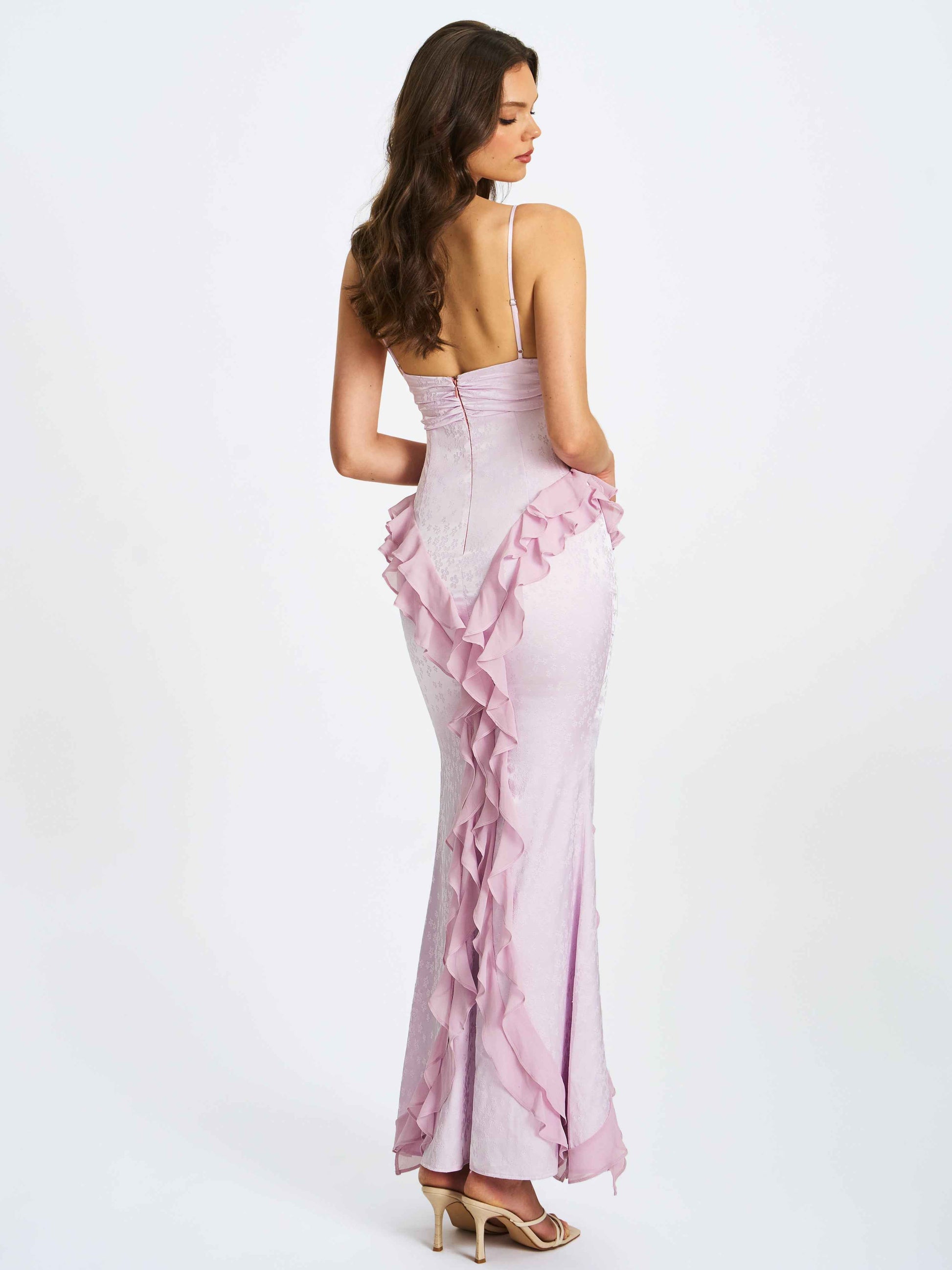 Paolina Taro Pink Jacquard Ruffle Mermaid Maxi Dress