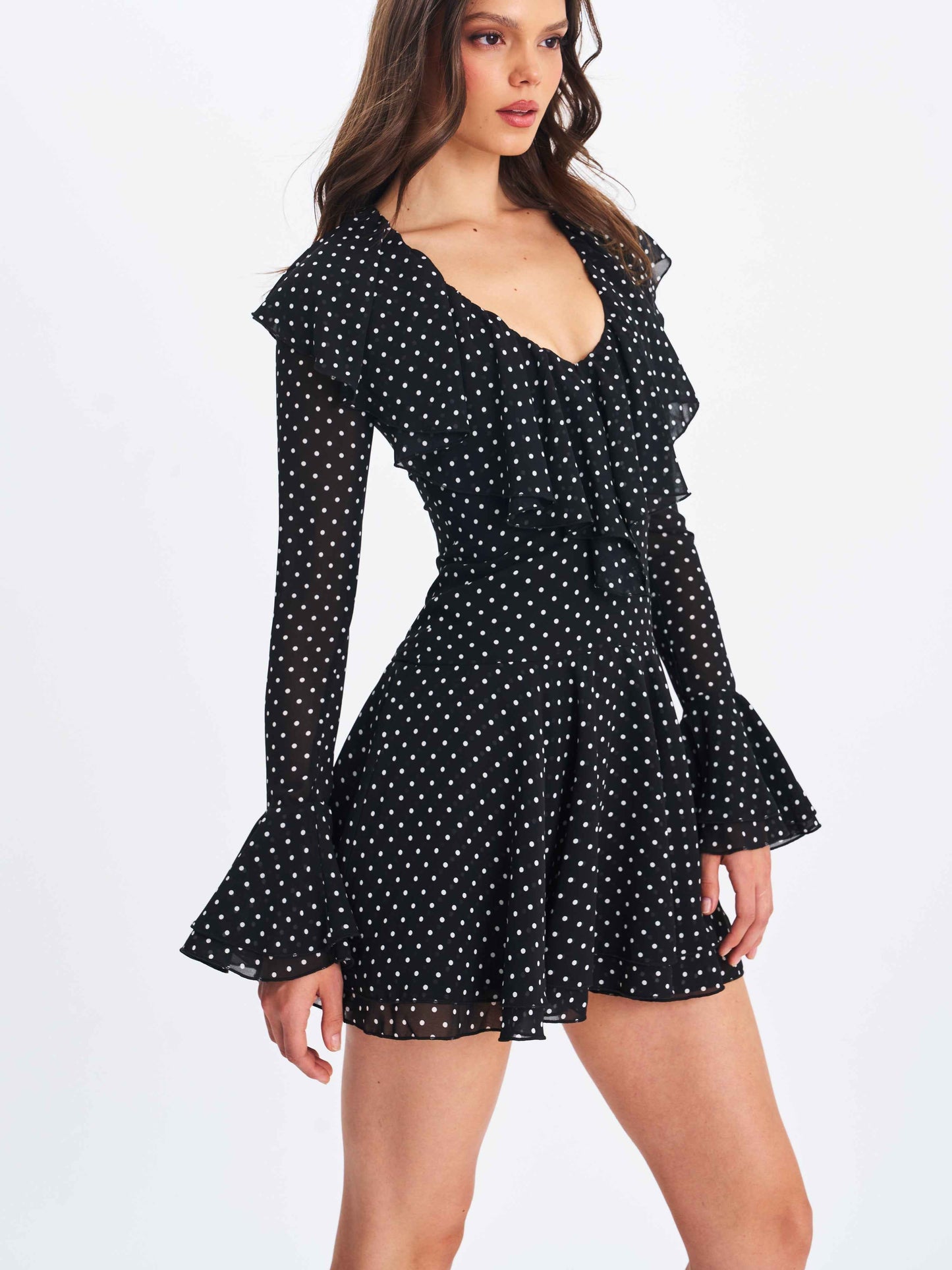 Omari Black Chiffon Polka Dot Ruffled Neckline Mini Dress