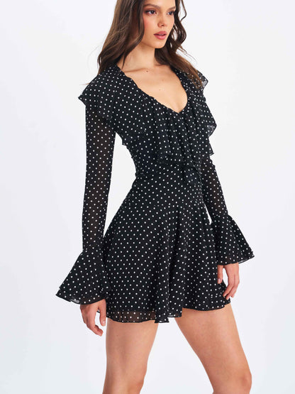 Omari Black Chiffon Polka Dot Ruffled Neckline Mini Dress