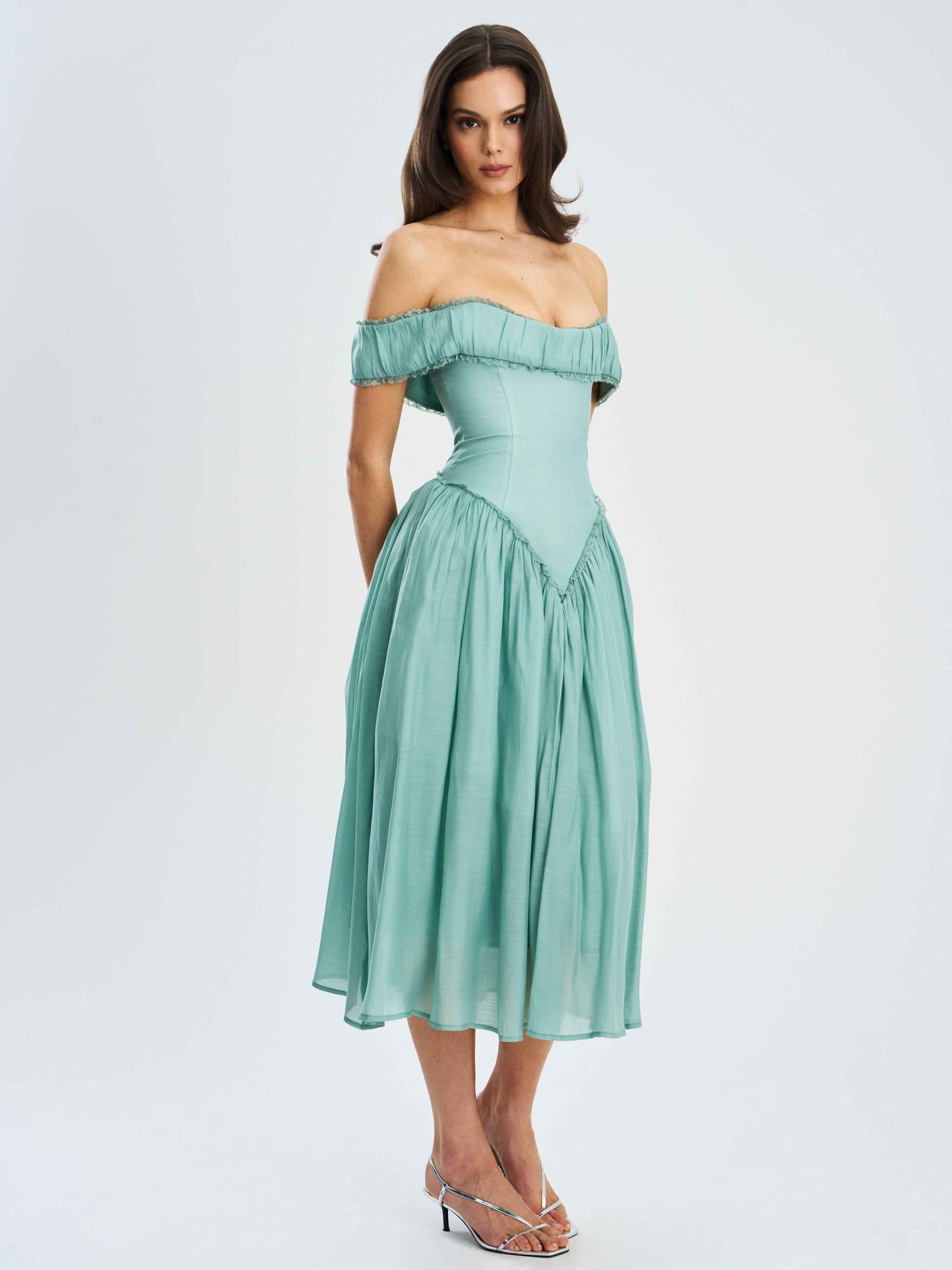 Xavy Teal Green Off Shoulder Corset Midi Dress