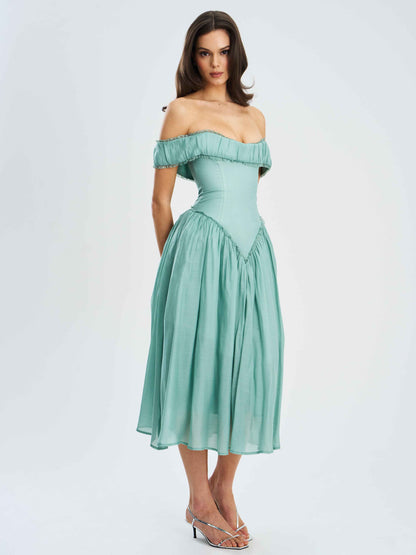 Xavy Teal Green Off Shoulder Corset Midi Dress