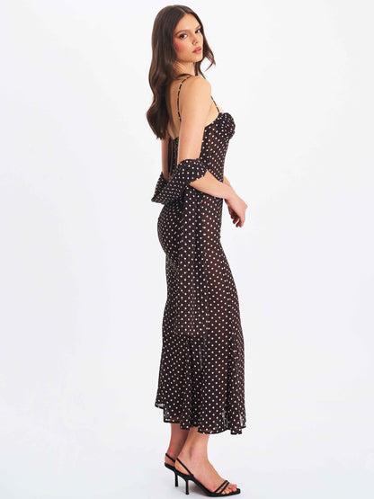 Yadira Brown Base Polka Dot Chiffon Maxi Dress
