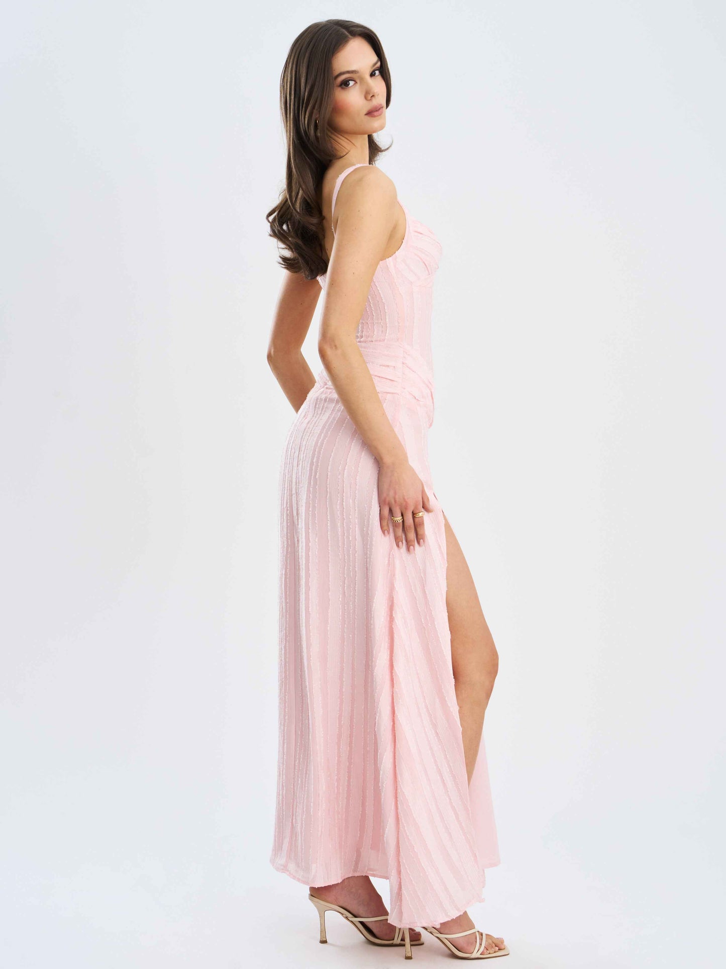 Mallory Baby Pink Stripe Jacquard High Slit Gown