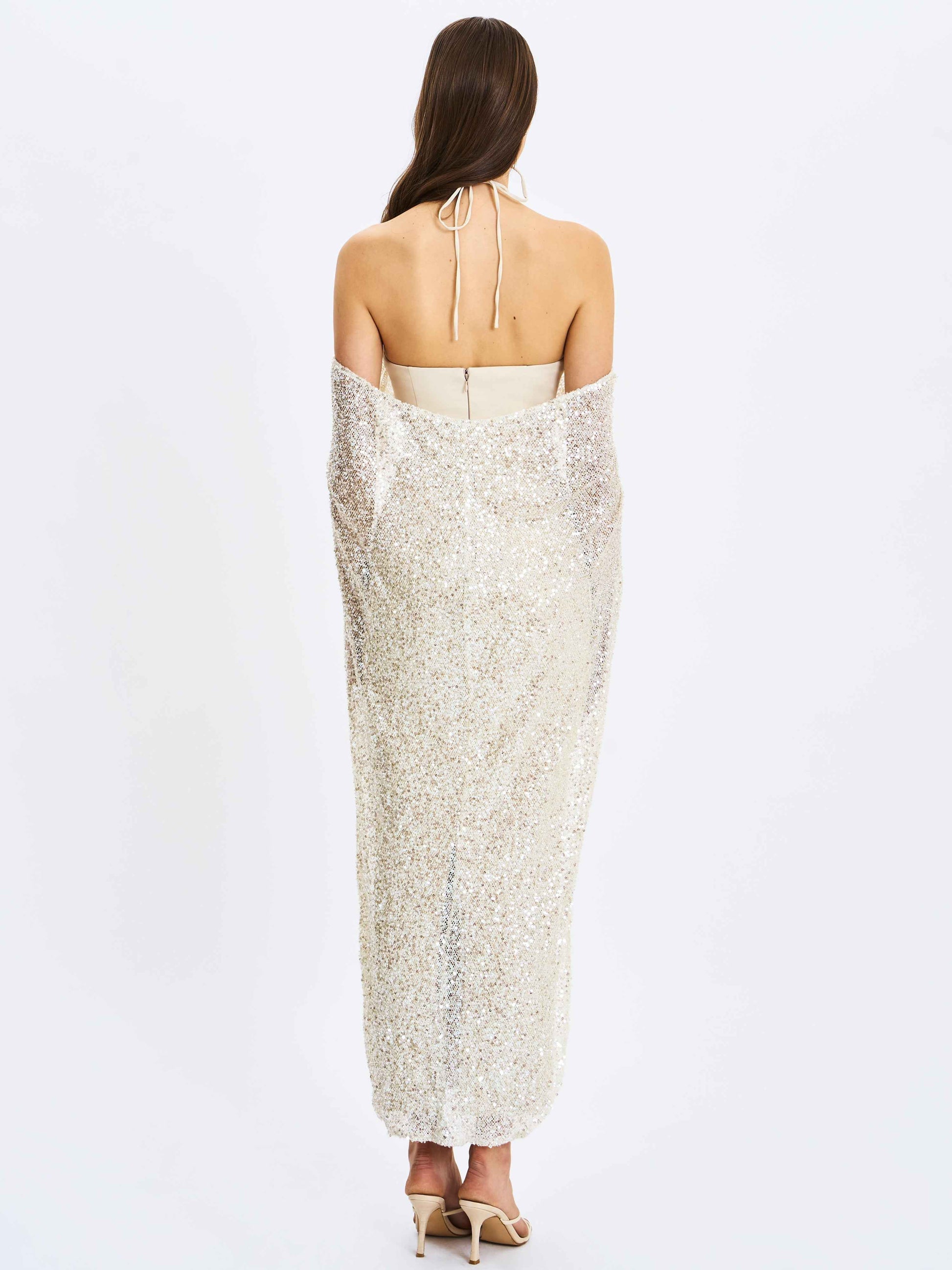 Quimera Almond Beaded Cape Halter Off-Shoulder Maxi Gown