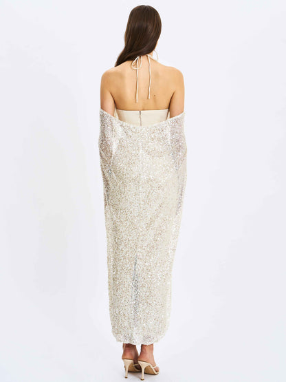 Quimera Almond Beaded Cape Halter Off-Shoulder Maxi Gown
