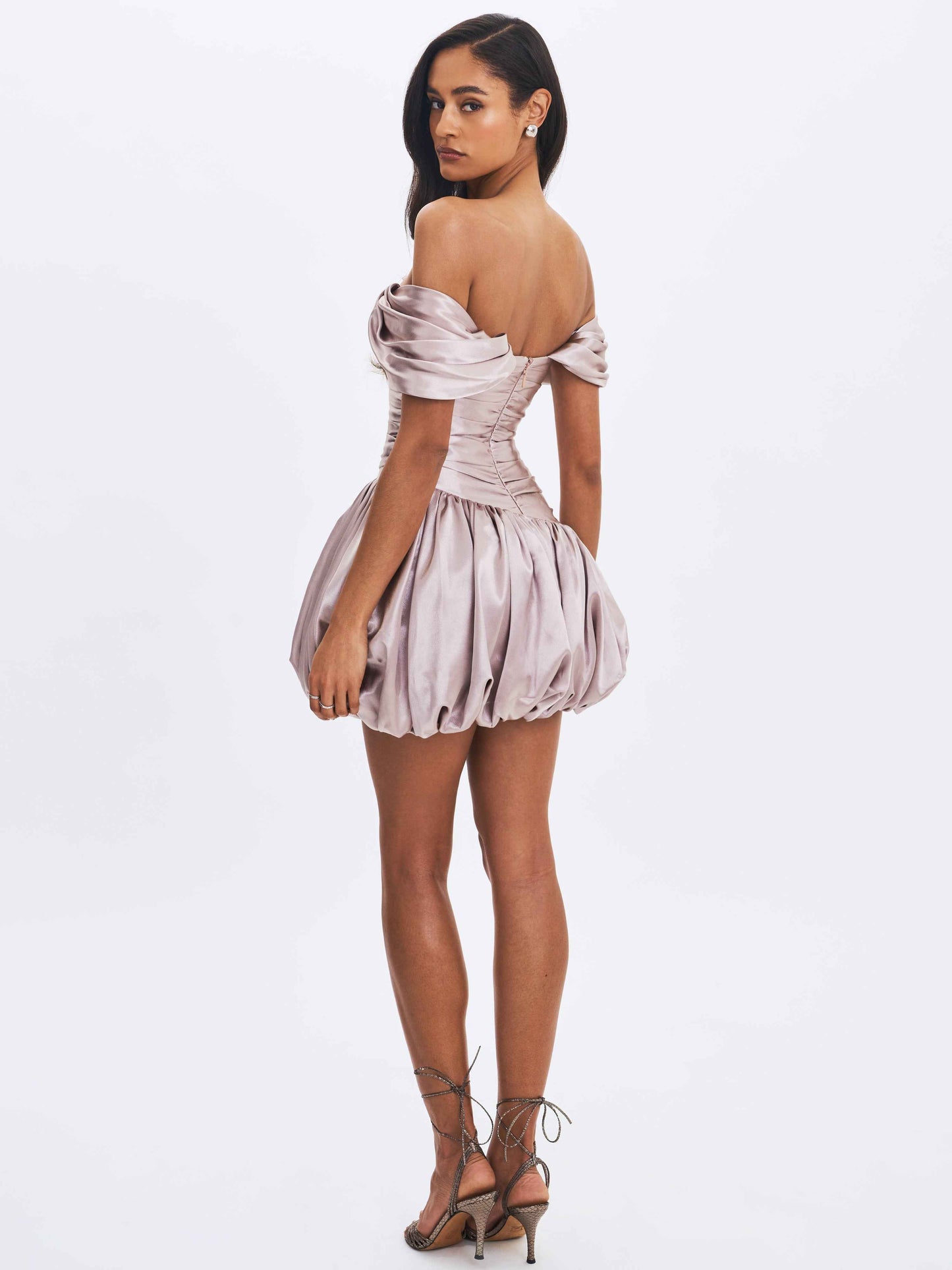 Milena Champagne Ruched Asymmetrical Bubble Mini Dress