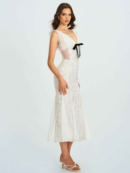 Paola White Peter Pan Collar Beaded Sequin Mermaid Midi Dress