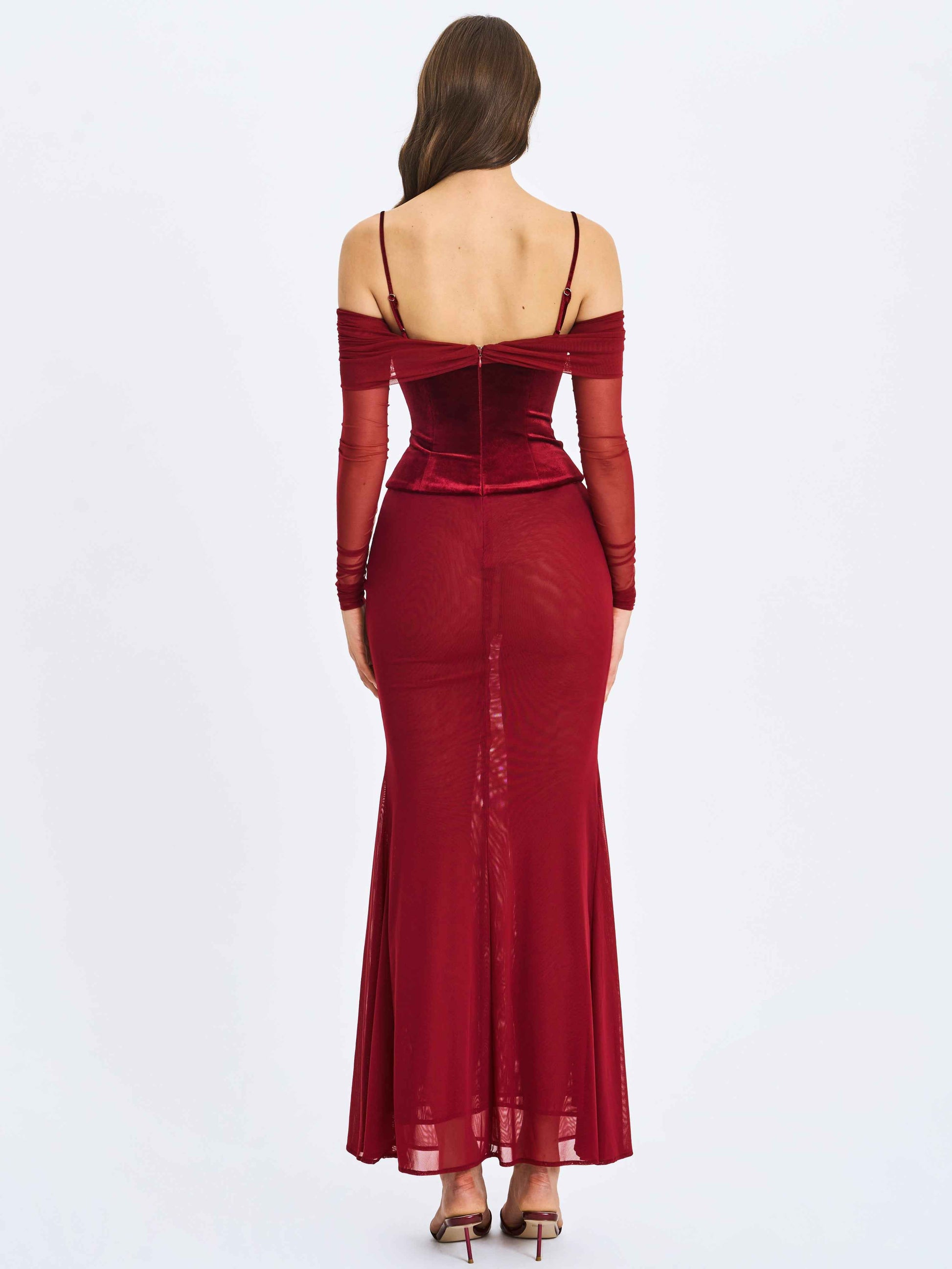 Maybelle Magenta Bardot Lace Strap Peplum Maxi Dress