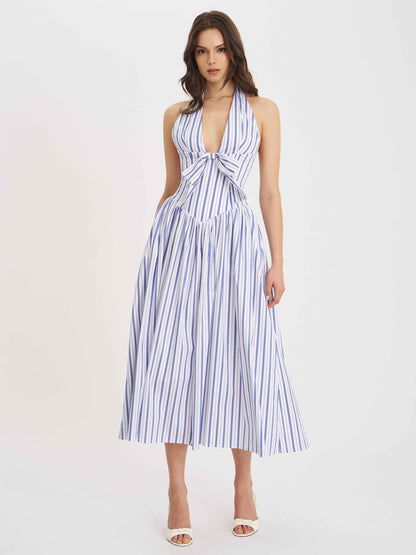 Mackenna Navy Stripe Halter Smock Back Maxi Dress