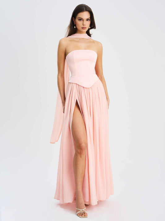 Qianna Baby Pink Peplum Drop Waist Chiffon Gown