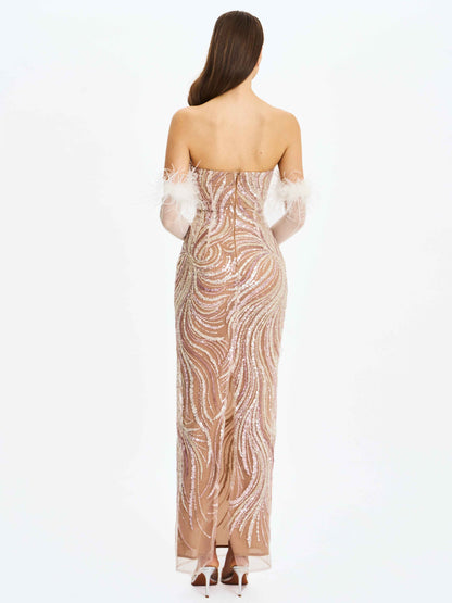 Quinci Apricot Beaded Sequin Sweetheart Maxi Dress