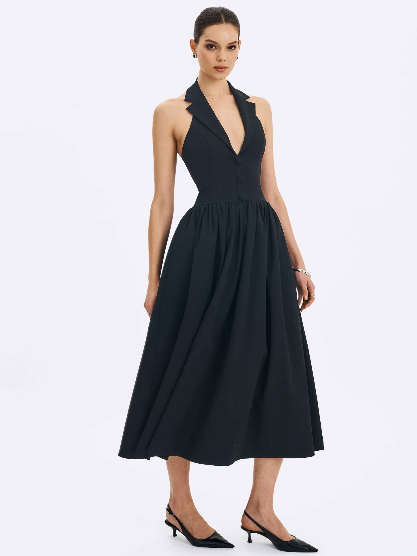 Delaney Black Lapel Halter Midi A-Line Dress