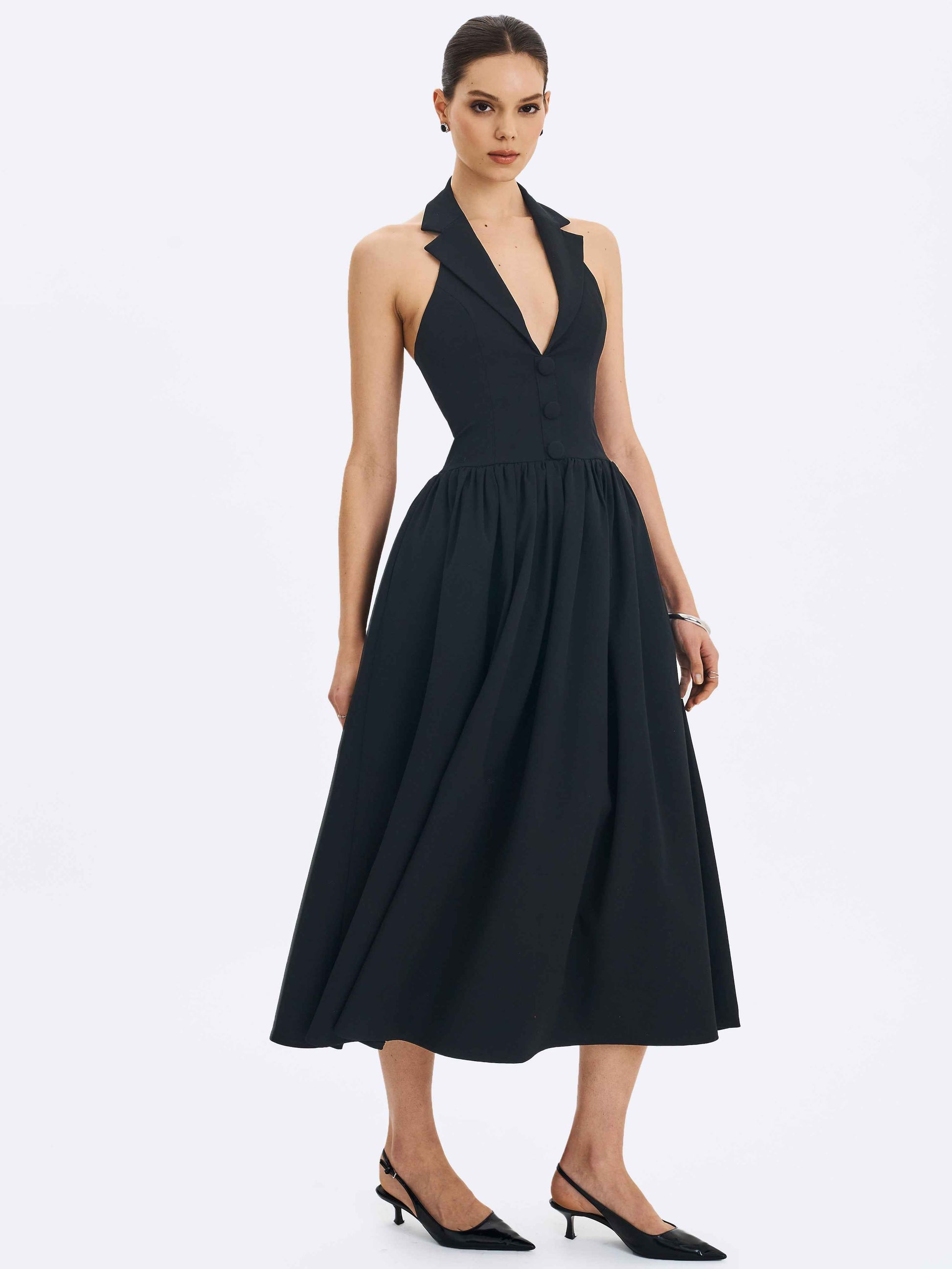 Delaney Black Lapel Halter Midi A-Line Dress
