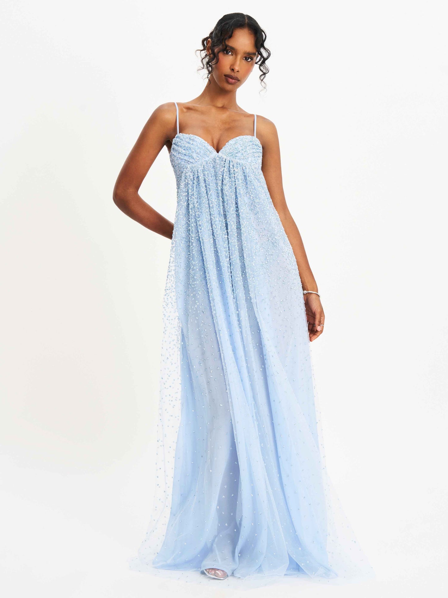 Wallie Baby Blue Rhinestone Embellished Mesh Backless Gown