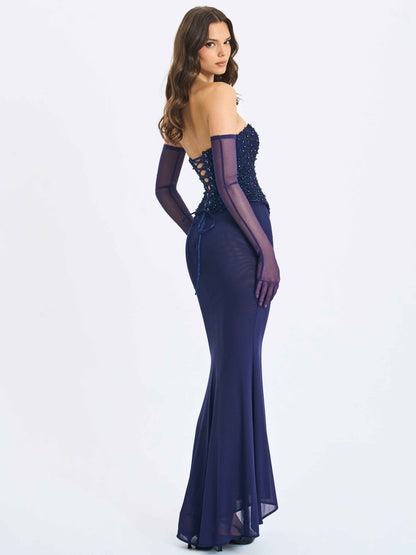 Orabelle Navy Beaded Peplum Mermaid Maxi Gown with Lace-up Back