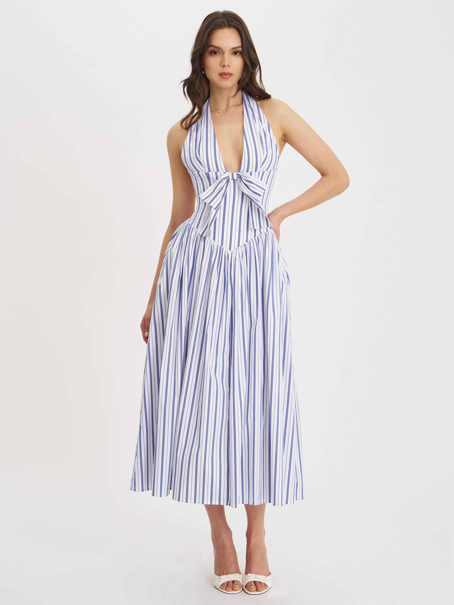 Mackenna Navy Stripe Halter Smock Back Maxi Dress