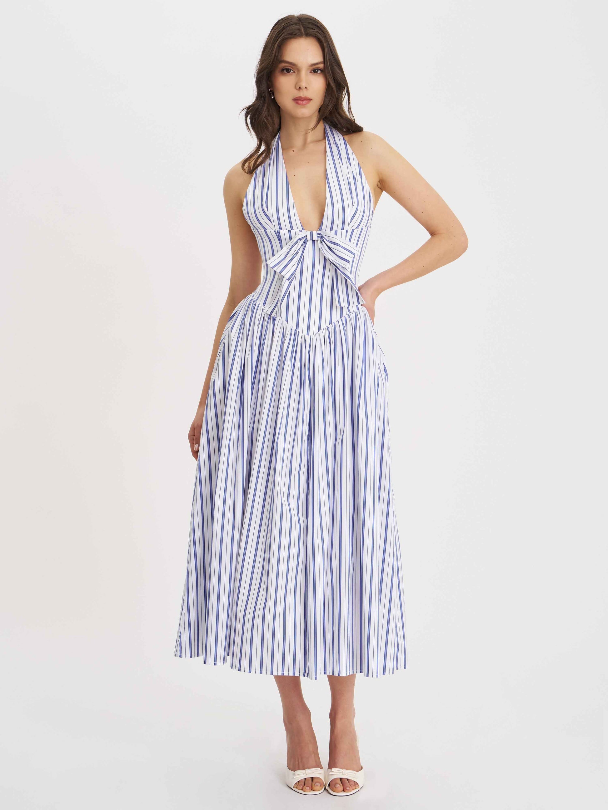 Mackenna Navy Stripe Halter Smock Back Maxi Dress