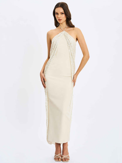 Quimera Almond Beaded Cape Halter Off-Shoulder Maxi Gown