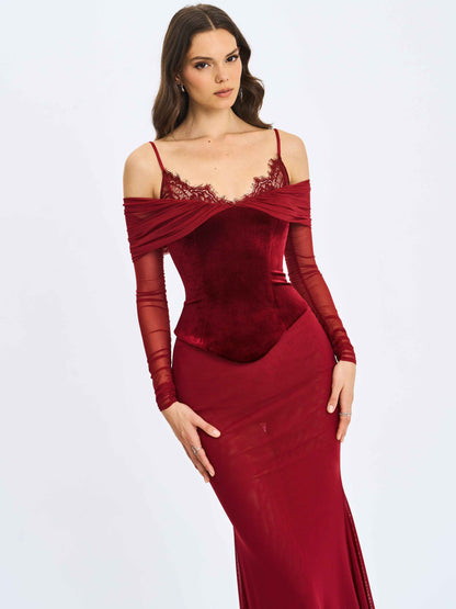 Maybelle Magenta Bardot Lace Strap Peplum Maxi Dress