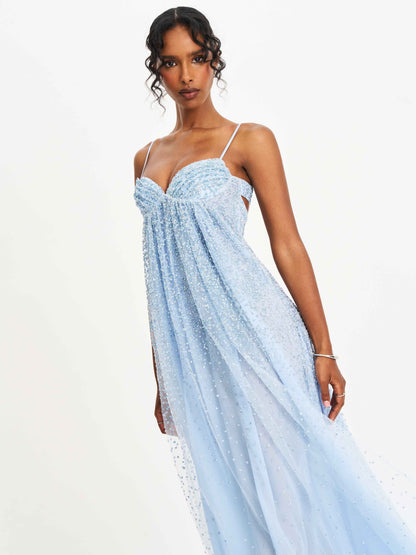 Wallie Baby Blue Rhinestone Embellished Mesh Backless Gown