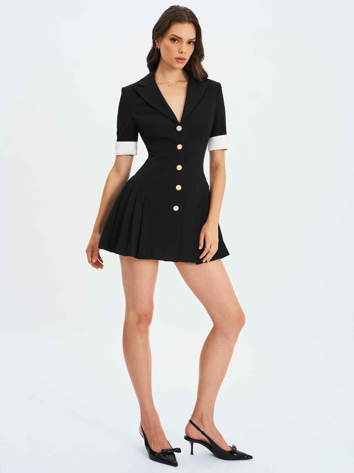 Ilitha Black Woven Crepe Pleated Mini Blazer Dress