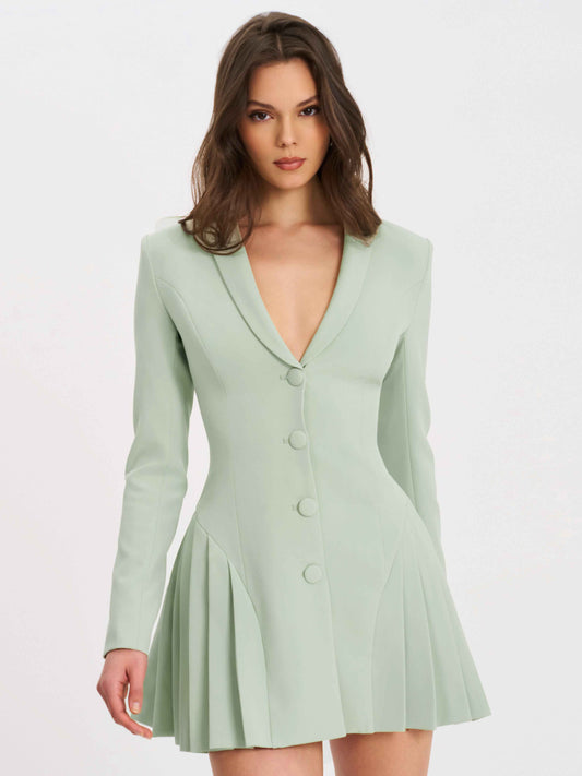 Delia Pistachio Green Blazer Dress with Pleated Detail